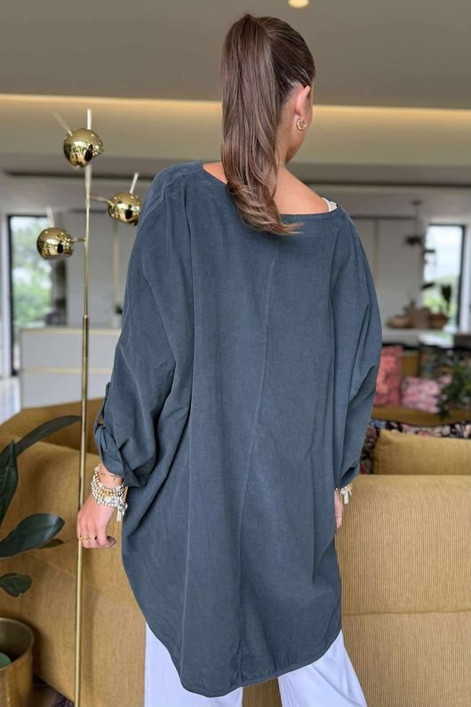 Made in Italy Cooper Needlecord Scoop Dip Back Top Charcoal